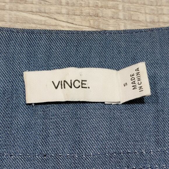 Vince Size Small Lyocell Tunic Mini Dress Denim Chambray V Neck Pockets Designer - Picture 3 of 7